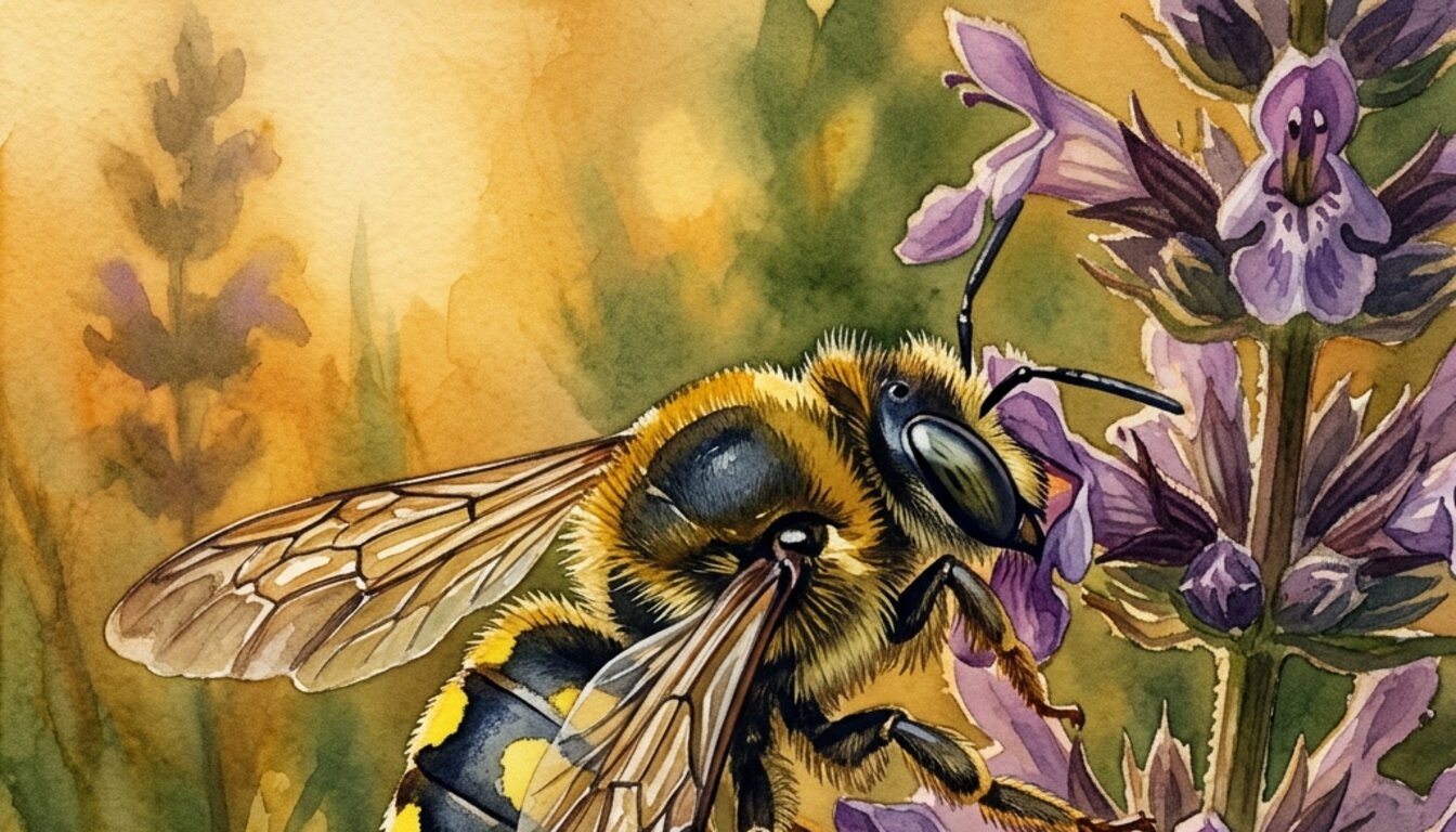 Künstlerische Aquarell-Darstellung der Gattung Anthidium — nicht zur Bestimmung