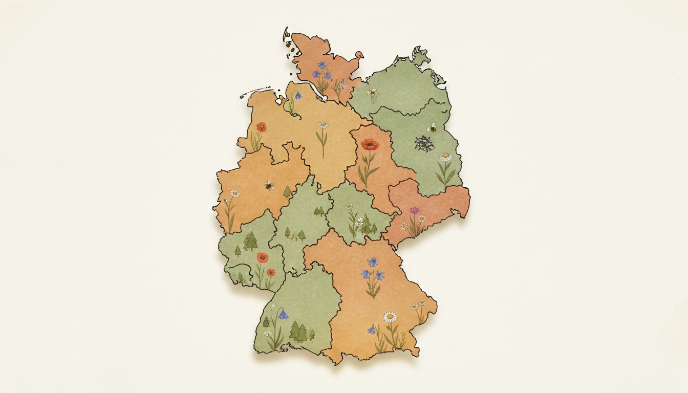 Aquarell-Illustration der 16 deutschen Bundesländer — Karte mit Bienen-Lebensräumen von der Nordseeküste bis zu den Alpen