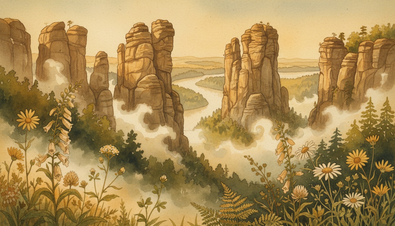 Aquarell-Illustration von Nationalpark Sächsische Schweiz — Wildbienen-relevantes Habitat in Sachsen