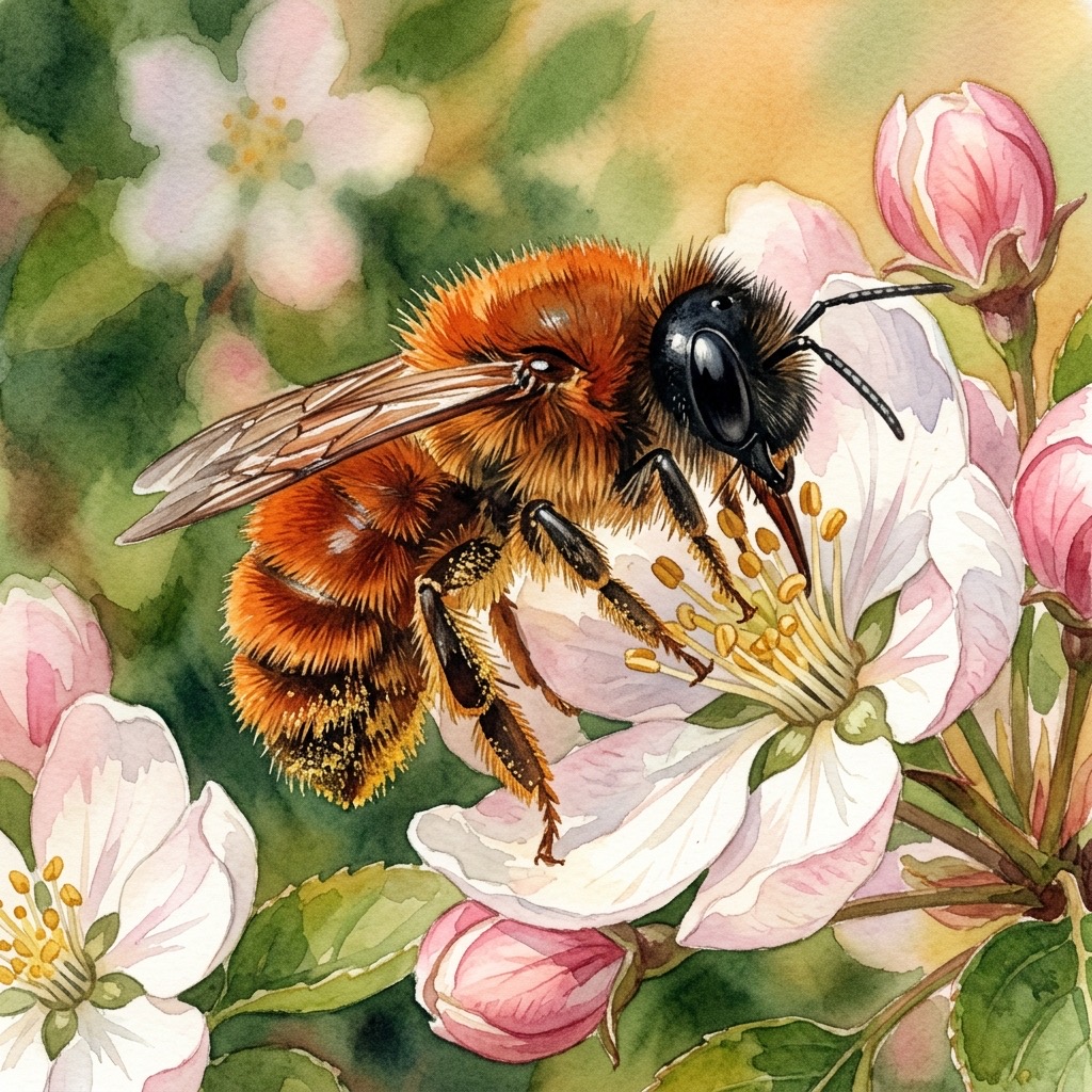 Aquarell einer fuchsrot behaarten Rostroten Mauerbiene auf weiß-rosa Obstbaumblüten in der vollen Frühlingsblüte im April