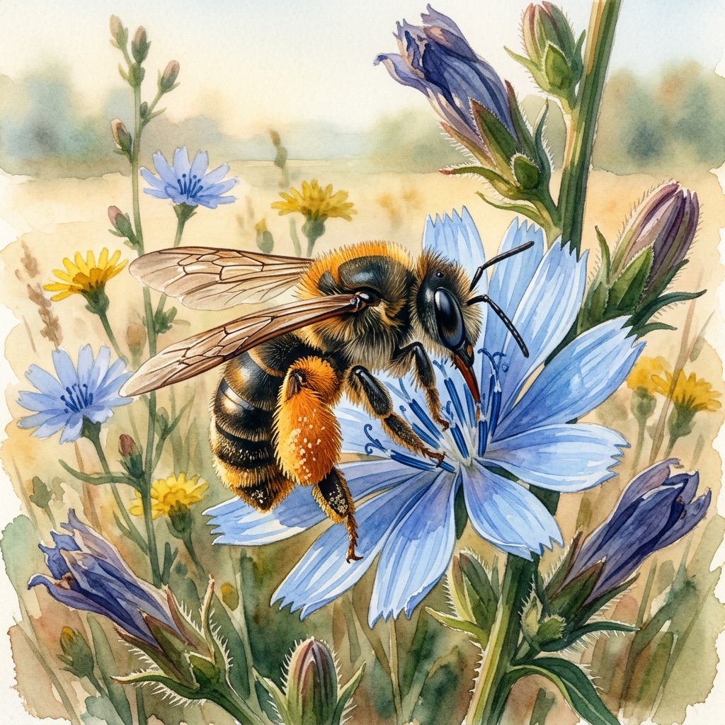 Aquarell einer Hosenbiene mit großen orangefarbenen Sammelhosen an einer blauen Wegwarte im warmen Spätsommerlicht des August