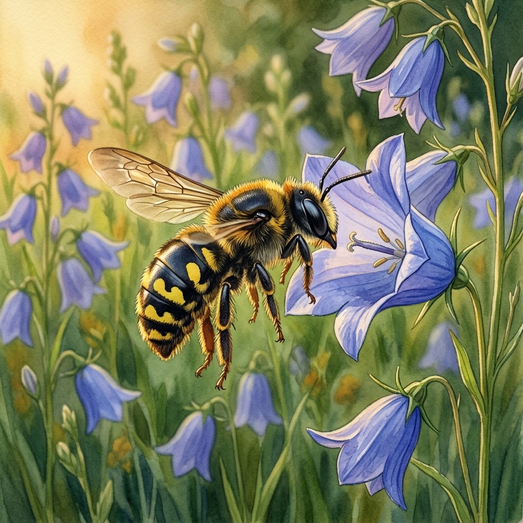 Aquarell einer schwarz-gelb gezeichneten Garten-Wollbiene an einer blauen Glockenblume im sommerlichen Juli-Licht