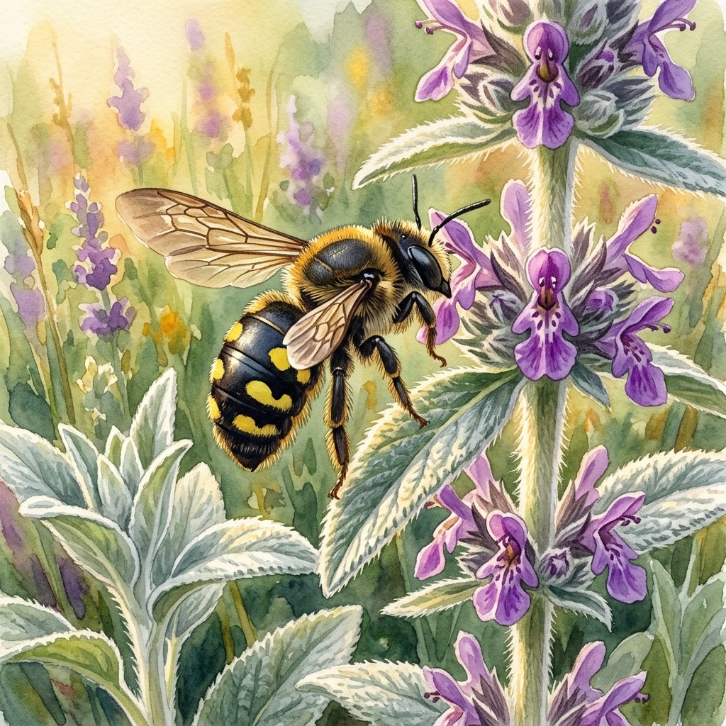 Aquarell einer schwarz-gelb gefleckten Garten-Wollbiene an purpurnem Woll-Ziest im warmen Juni-Hochsommerlicht