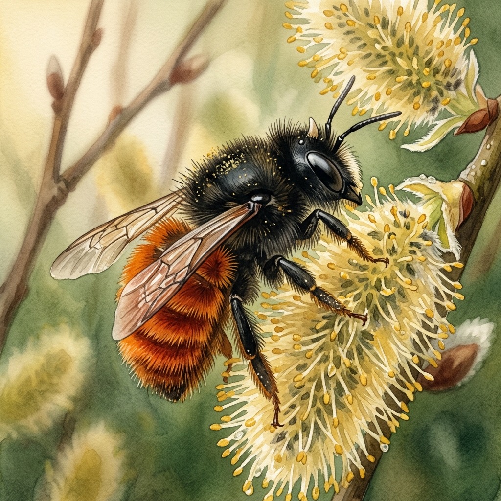 Aquarell einer Gehörnten Mauerbiene mit schwarzem Thorax und fuchsrotem Hinterleib an gelben Salweiden-Kätzchen im frühen Frühlingslicht