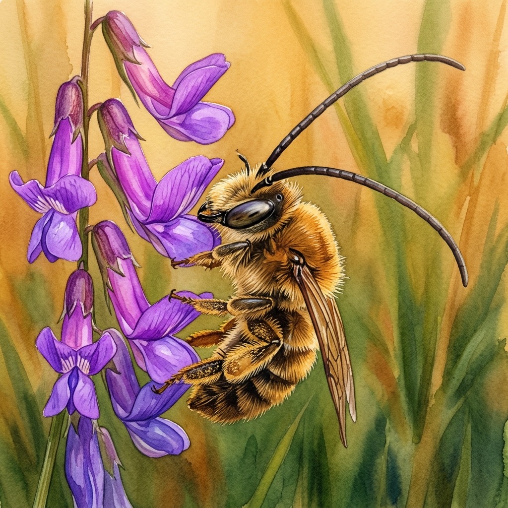 Aquarell eines männlichen Mai-Langhornbiene mit auffällig langen Fühlern auf einer violetten Wicke im warmen Mai-Licht