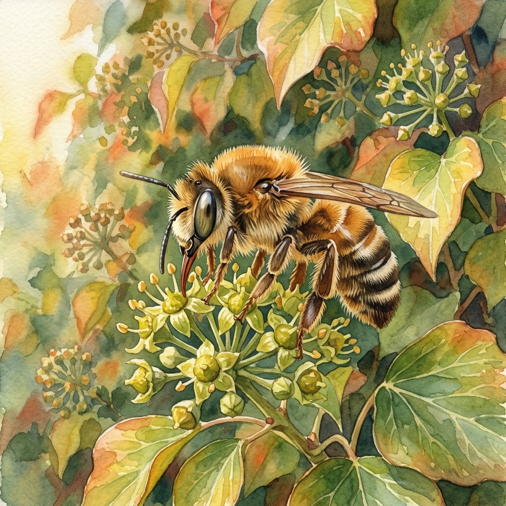 Aquarell einer Efeu-Seidenbiene an der letzten Efeublüte zwischen herbstlich getöntem Laub im kühleren Oktober-Licht