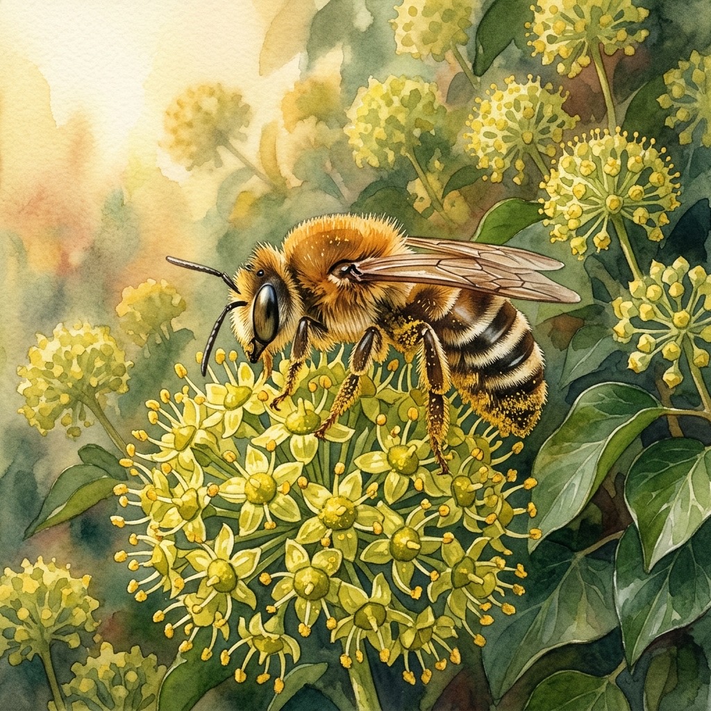 Aquarell einer Efeu-Seidenbiene mit hellen Haarbinden an einer voll erblühten gelbgrünen Efeublüte im goldenen September-Licht